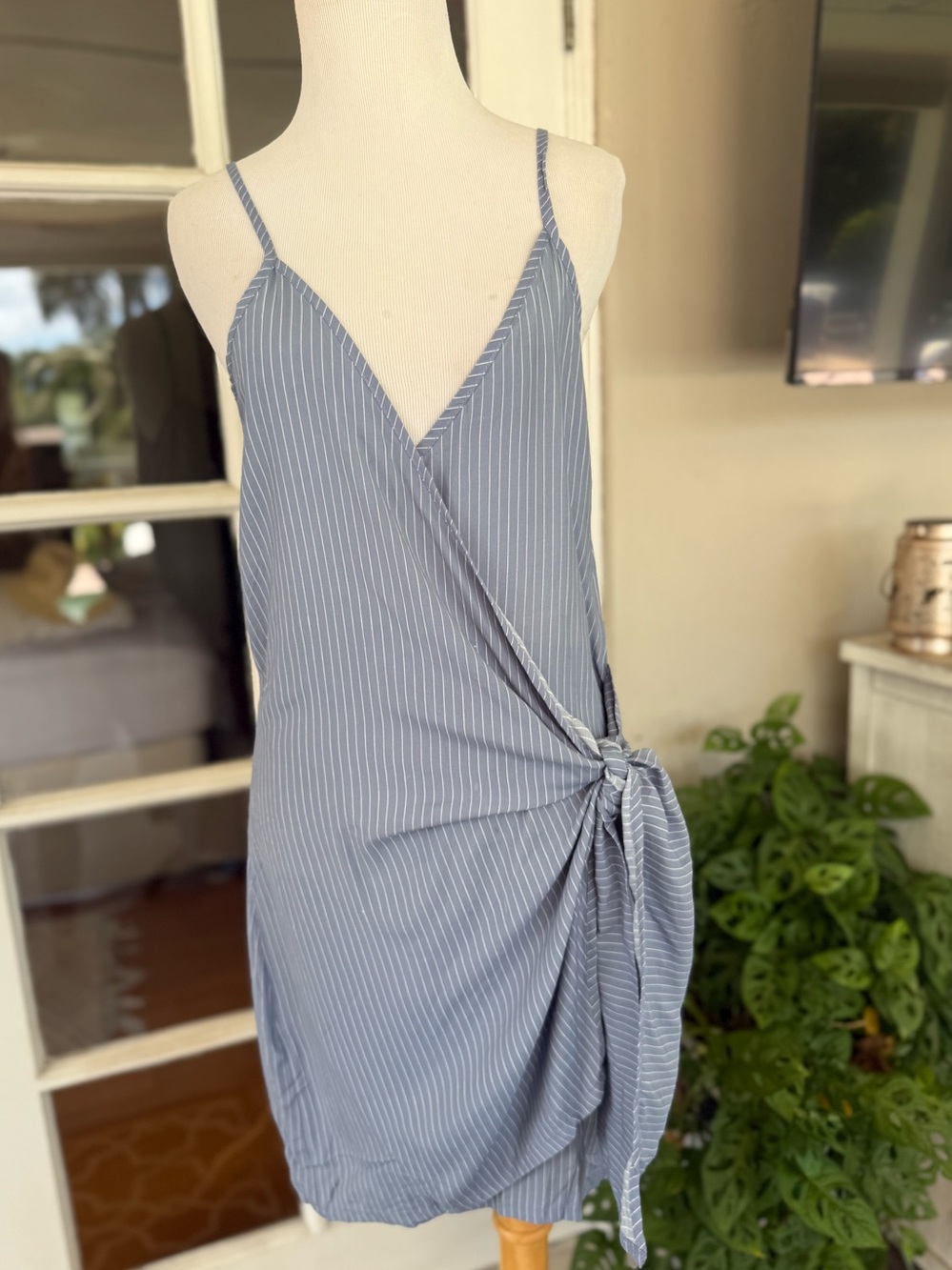 Faithfull the Brand Blue Pinstripe Mini Wrap Dress size 4 small